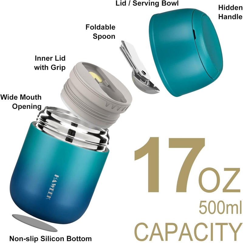 Haweek Insulated Soup Thermo 17oz - Stainless Steel Vacuum Lunch Box for Adults, Kids Leakproof Hot Food Container with Handle Folding Spoon (School Office Outdoor) - Image 2